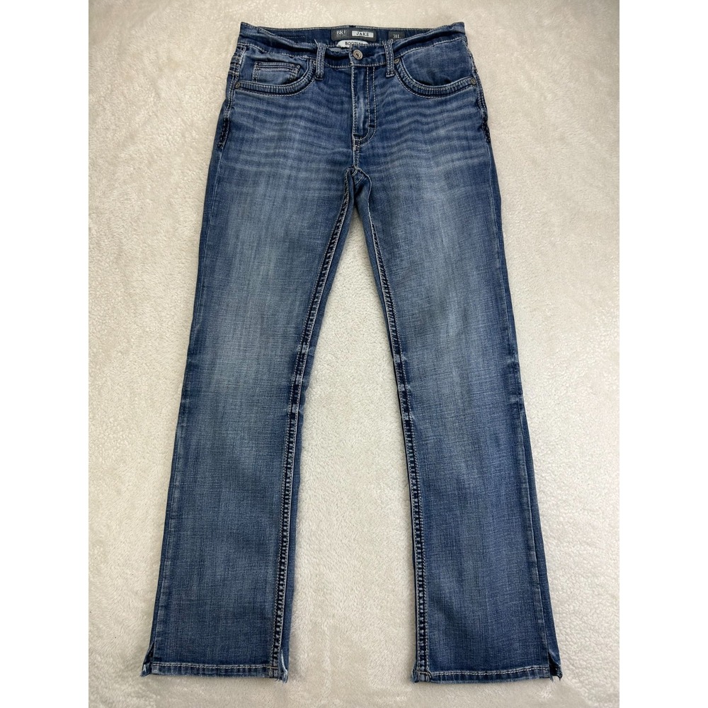 BKE Bootcut Jeans Mens 31L Blue Denim Whisker Low Rise Stretch Leg Opening Slits